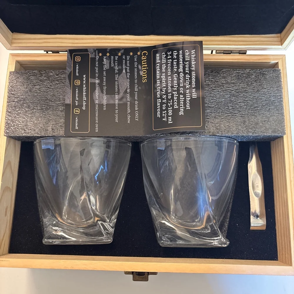 Whiskoff Box Set of Rocks Glasses with Whiskey Stones and Tongs - Brand New